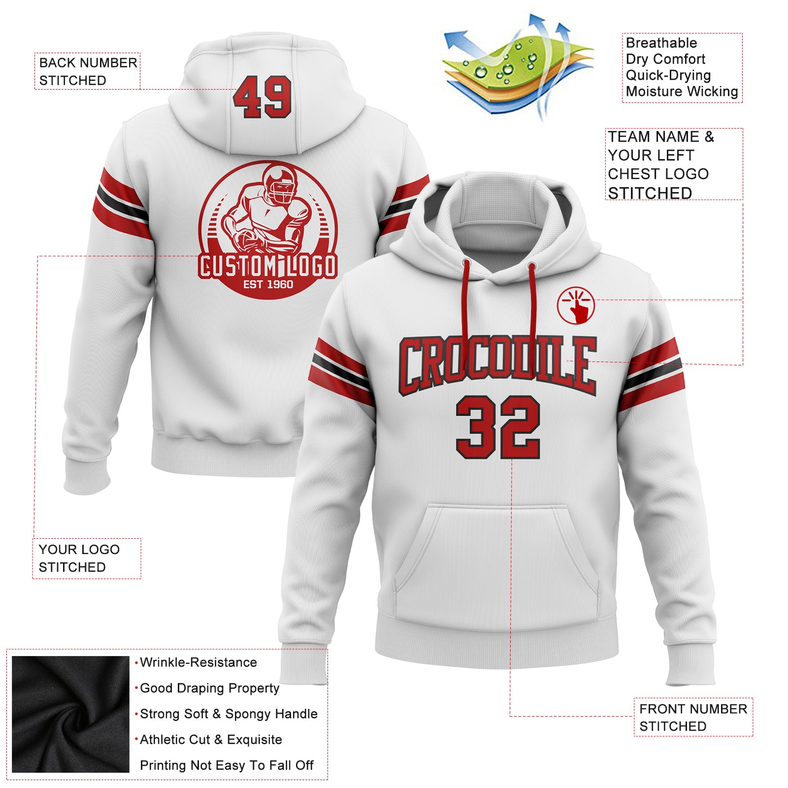 Custom Stitched White Red-Black Football Pullover Sweatshirt Hoodie