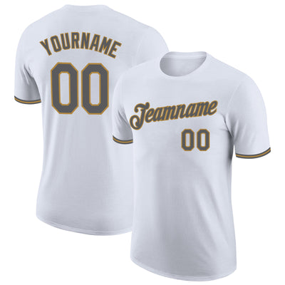 Custom White Steel Gray-Old Gold Performance T-Shirt