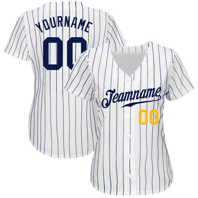 Custom White Navy Pinstripe Navy-Gold Authentic Baseball Jersey