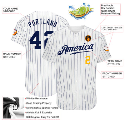 Custom White Navy Pinstripe Navy-Gold Authentic Baseball Jersey