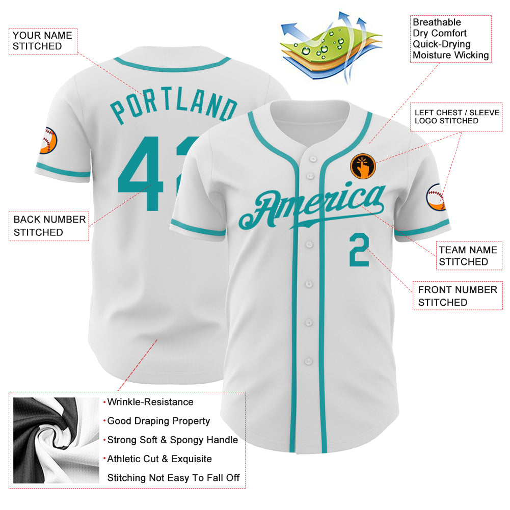 Custom White Teal Authentic Baseball Jersey