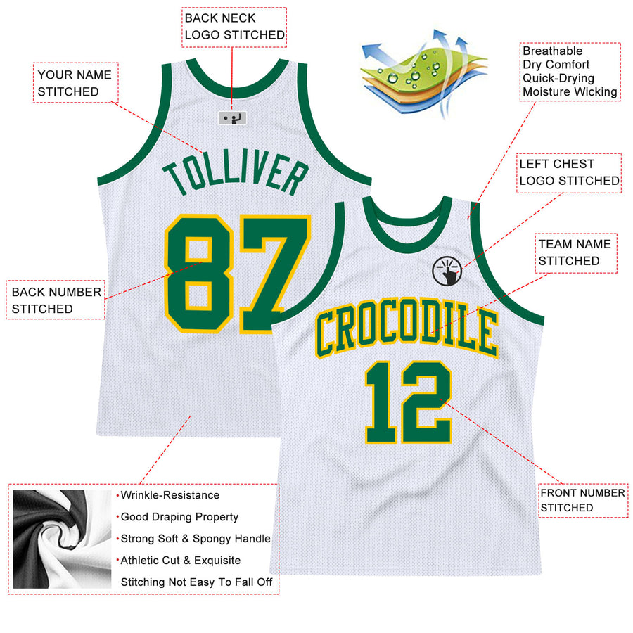 Custom White Kelly Green-Gold Authentic Throwback Basketball Jersey