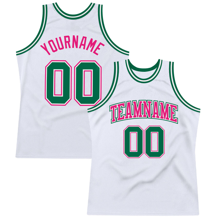 Custom Team Kelly Green Basketball Authentic Pink Throwback Jersey White