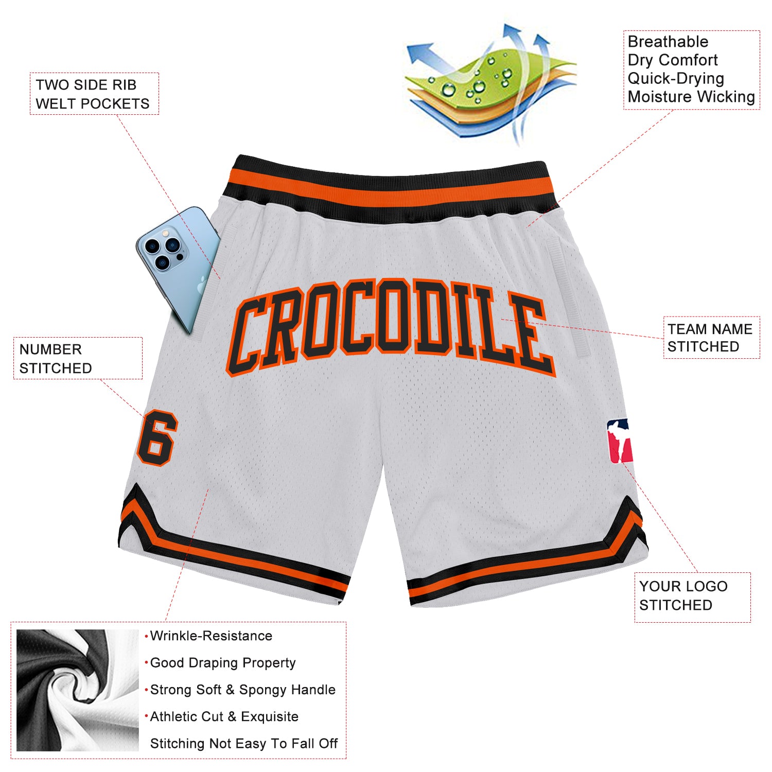 Custom White Black-Orange Authentic Throwback Basketball Shorts