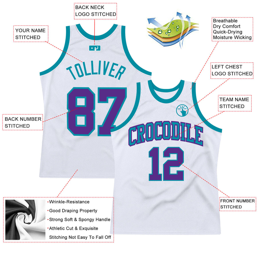 Custom White Purple-Teal Authentic Throwback Basketball Jersey