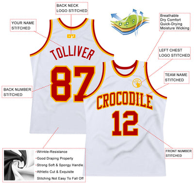 Custom White Red-Gold Authentic Throwback Basketball Jersey