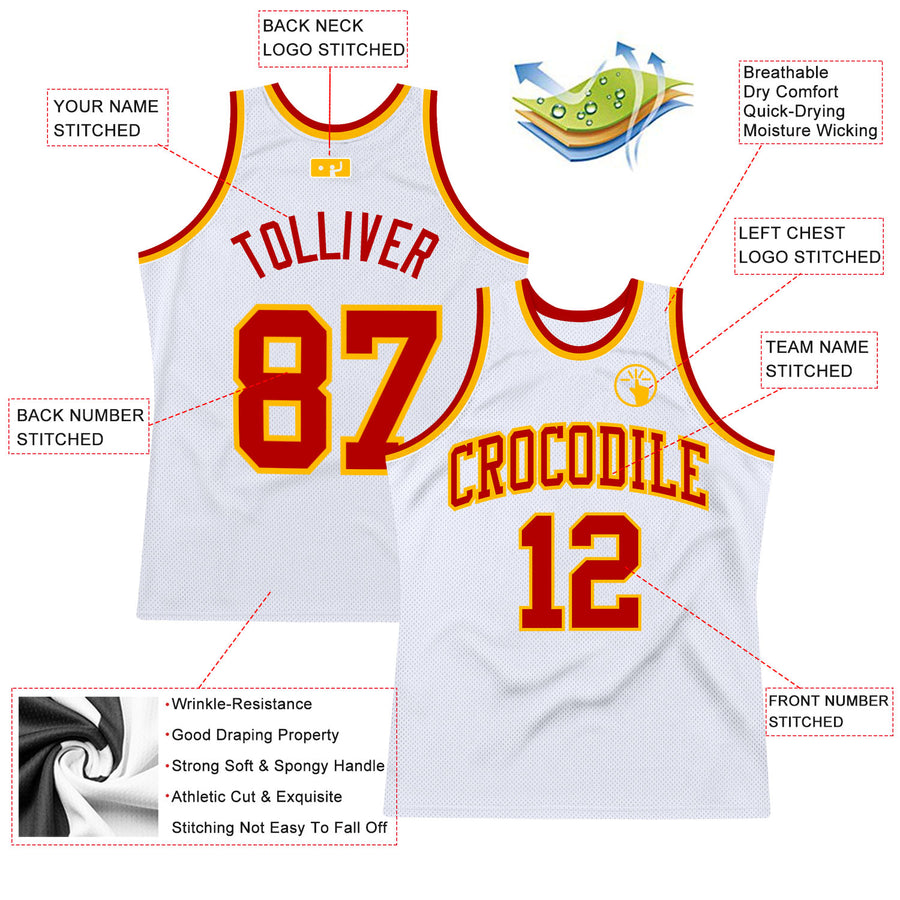 Custom White Red-Gold Authentic Throwback Basketball Jersey