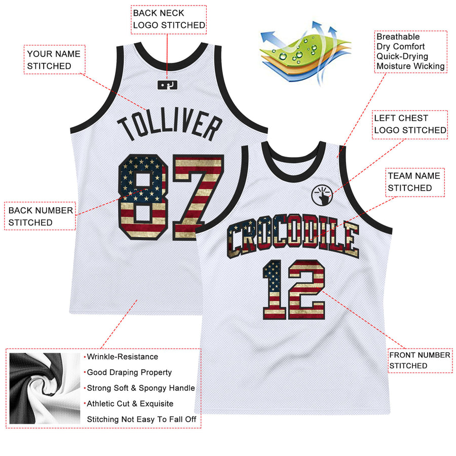 Custom White Vintage USA Flag-Black Authentic Throwback Basketball Jersey