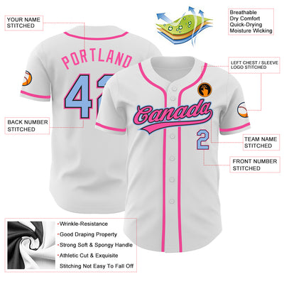 Custom White Light Blue Black-Pink Authentic Baseball Jersey