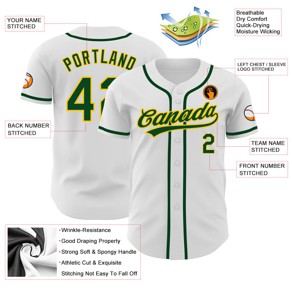 Custom Team Gold Baseball Authentic White Jersey Green