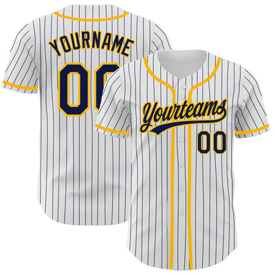 Custom White Navy Pinstripe Navy-Gold Authentic Baseball Jersey