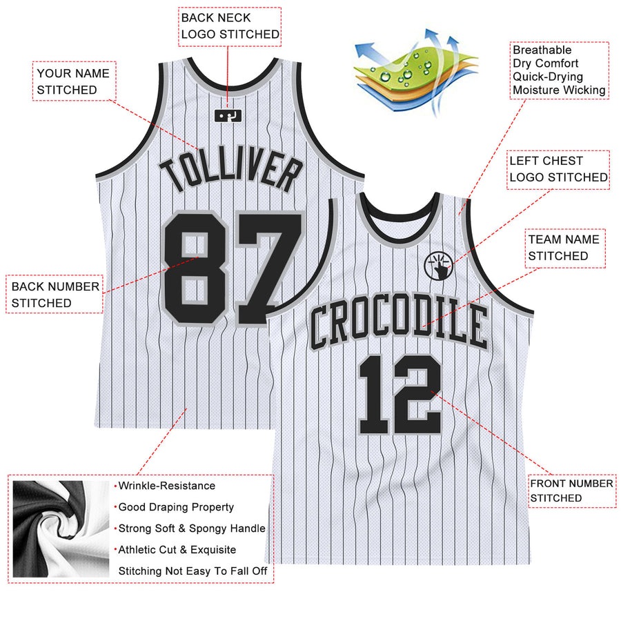 Custom White Black Pinstripe Black-Gray Authentic Basketball Jersey