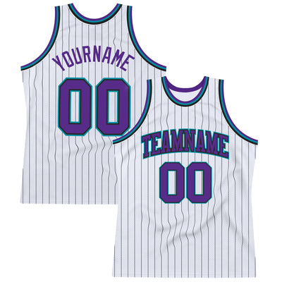 Custom White Black Pinstripe Purple-Teal Authentic Basketball Jersey