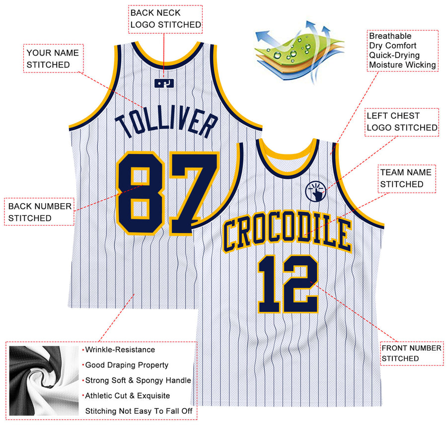 Custom White Navy Pinstripe Navy-Gold Authentic Basketball Jersey