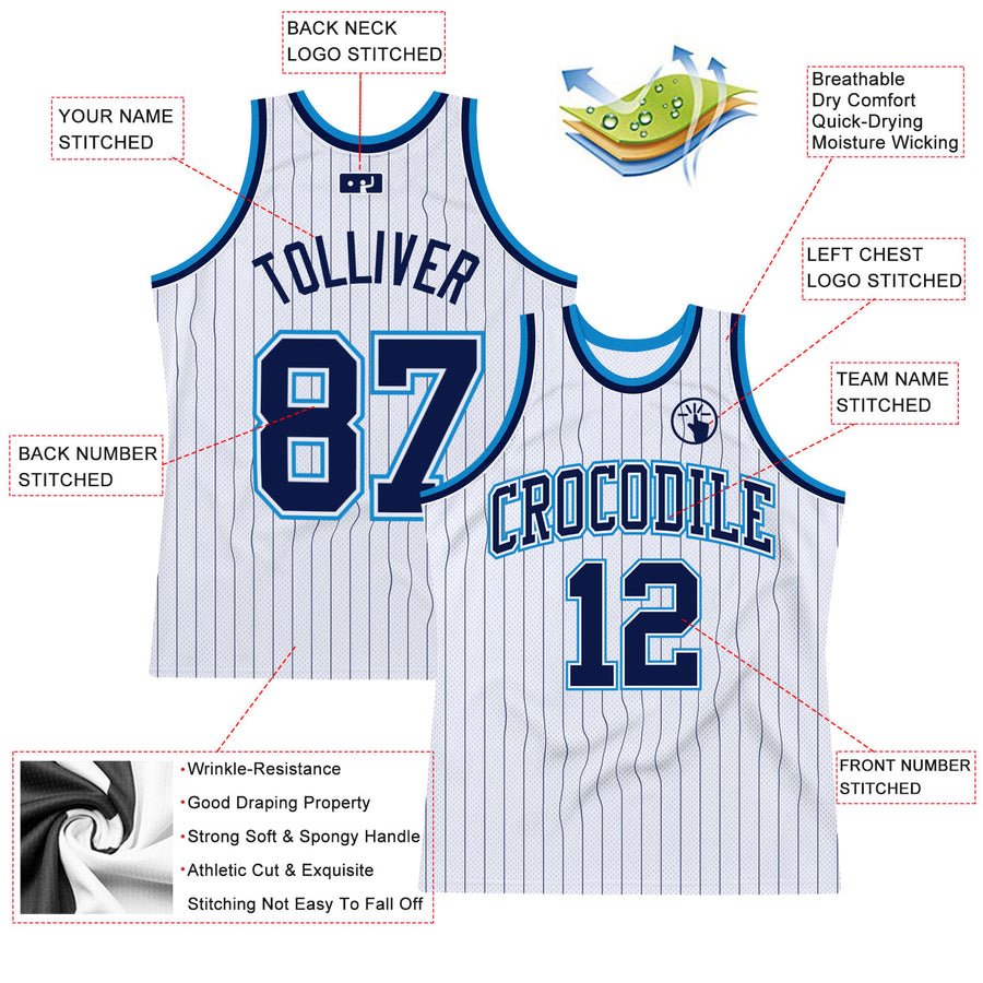 Custom White Navy Pinstripe Navy-Blue Authentic Basketball Jersey