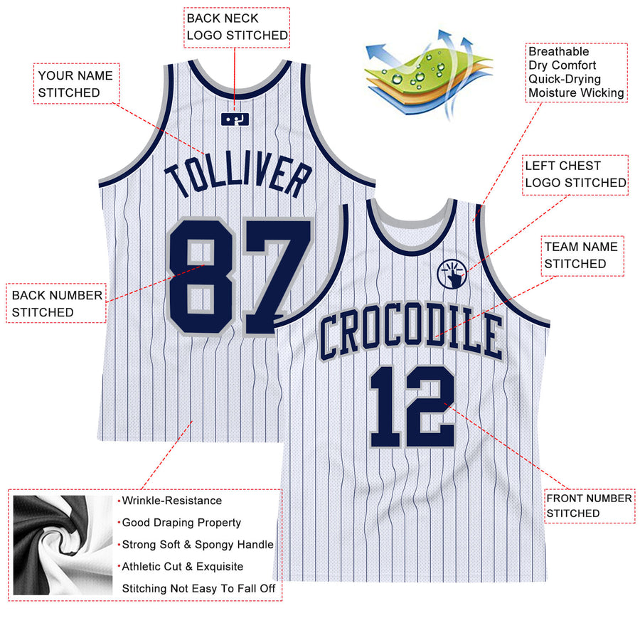 Custom White Navy Pinstripe Navy-Gray Authentic Basketball Jersey