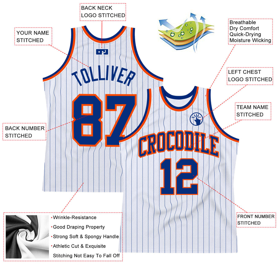 Custom White Royal Pinstripe Royal-Orange Authentic Basketball Jersey