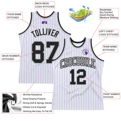 Custom White Purple Pinstripe Black-Gray Authentic Basketball Jersey