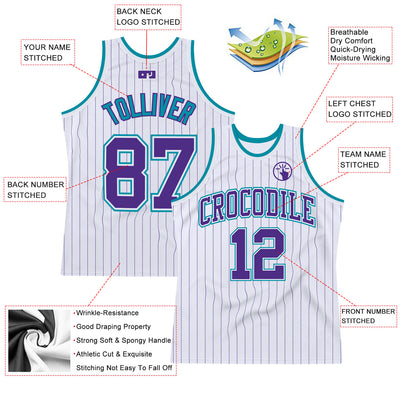 Custom White Purple Pinstripe Purple-Teal Authentic Basketball Jersey