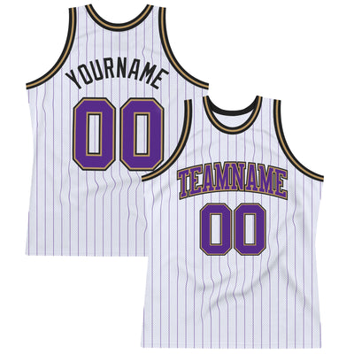 Custom White Purple Pinstripe Purple Old Gold-Black Authentic Basketball Jersey