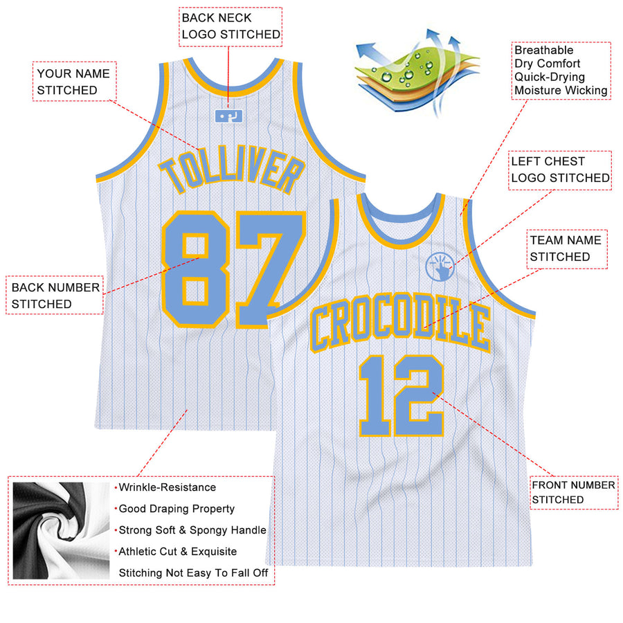 Custom White Light Blue Pinstripe Light Blue-Gold Authentic Basketball Jersey