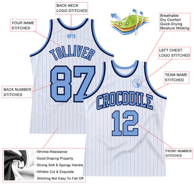 Custom White Light Blue Pinstripe Light Blue-Navy Authentic Basketball Jersey