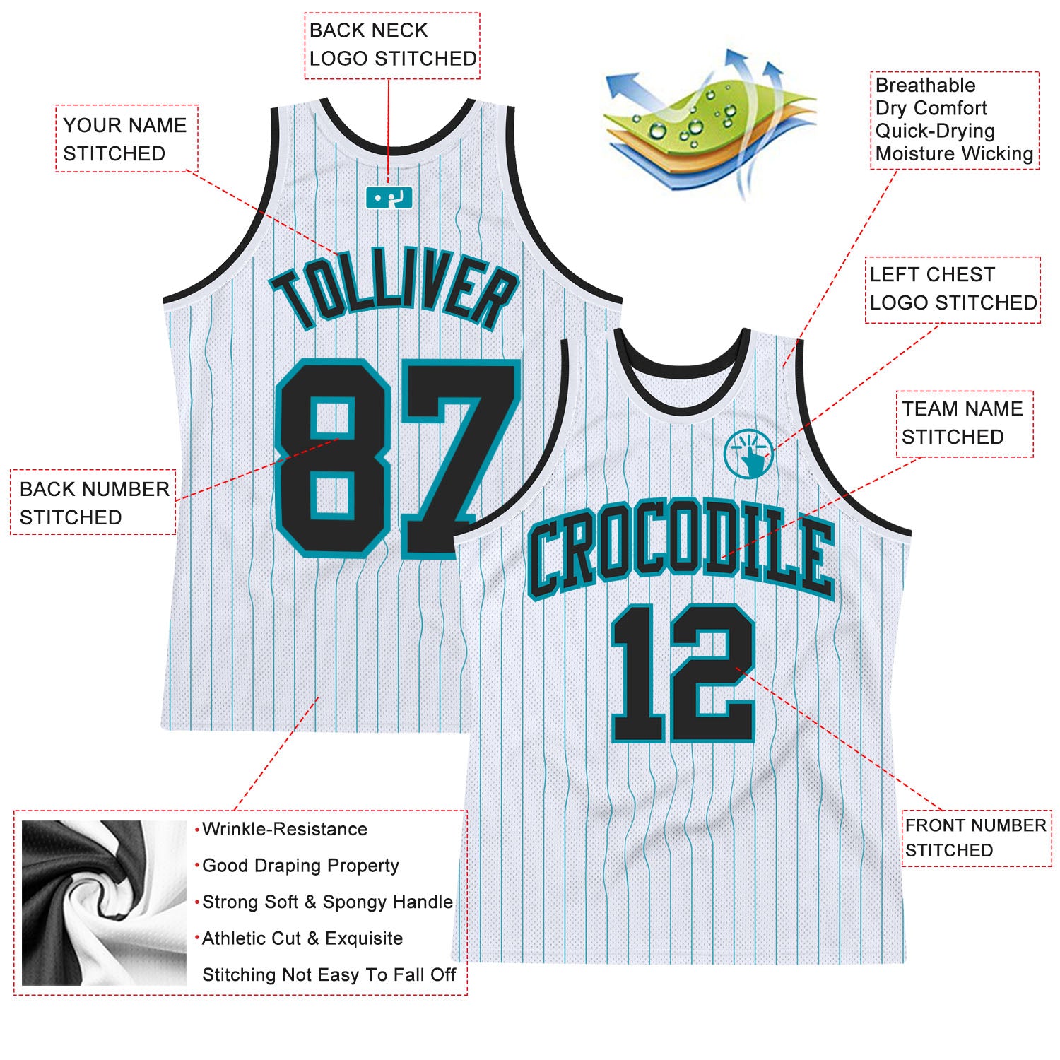 Custom Teal White Pinstripe White-Red Authentic Basketball Jersey Discount