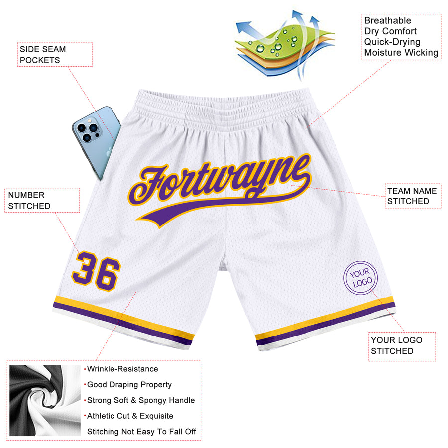 Custom White Purple-Gold Authentic Throwback Basketball Shorts