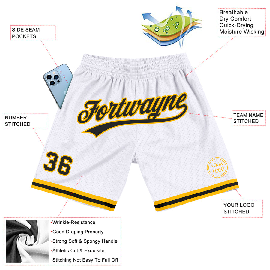 Custom White Black-Gold Authentic Throwback Basketball Shorts