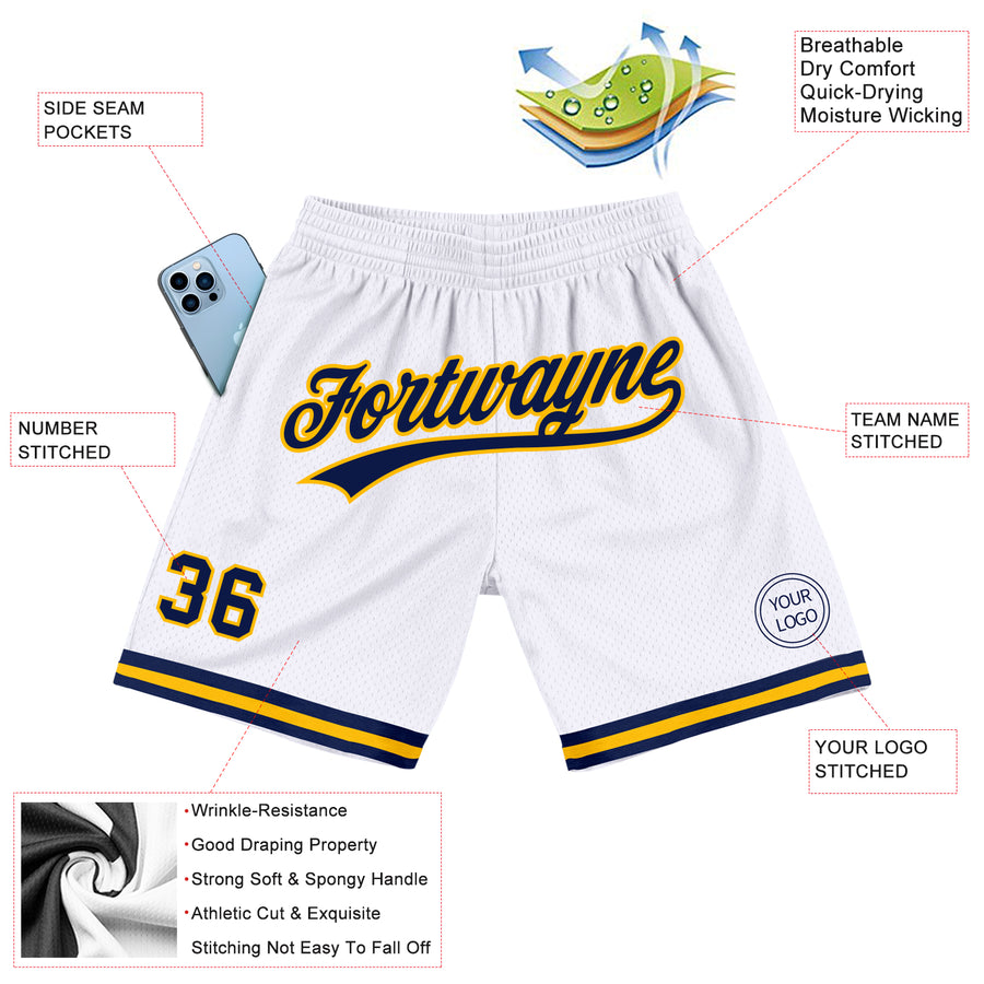 Custom White Navy-Gold Authentic Throwback Basketball Shorts