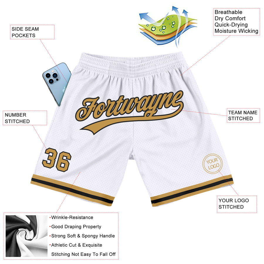 Custom White Old Gold-Black Authentic Throwback Basketball Shorts