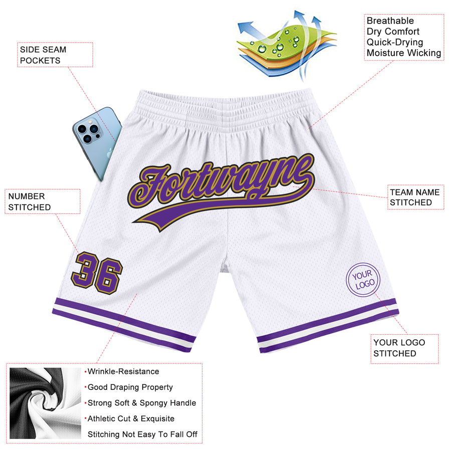 Custom White Purple Old Gold-Black Authentic Throwback Basketball Shorts