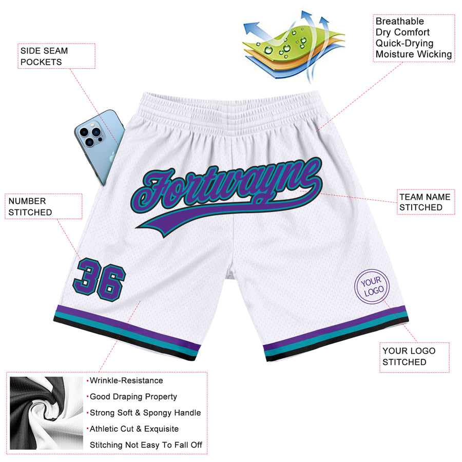 Custom White Purple Teal-Black Authentic Throwback Basketball Shorts