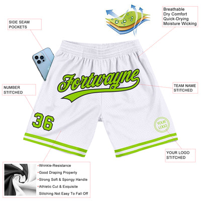 Custom White Neon Green-Black Authentic Throwback Basketball Shorts