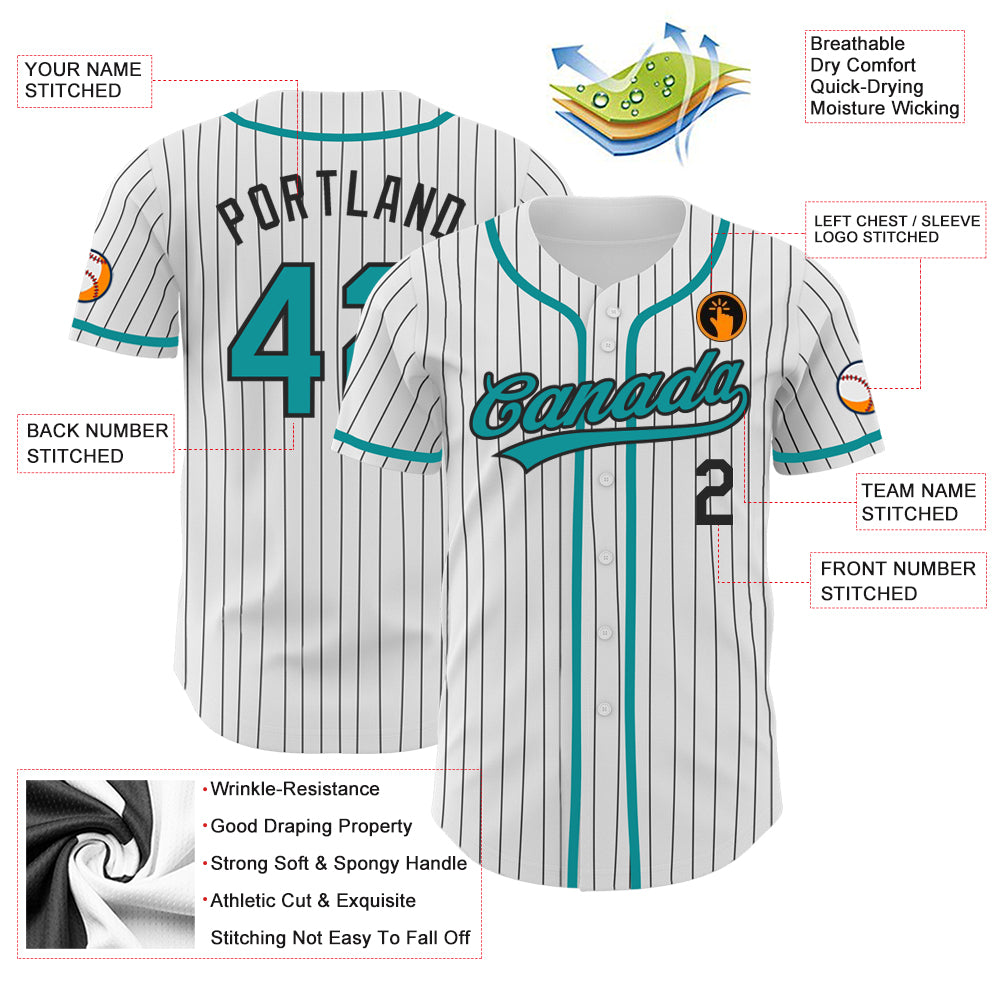 Custom White Black Pinstripe Teal Authentic Baseball Jersey