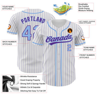 Custom White Purple Pinstripe Light Blue Authentic Baseball Jersey