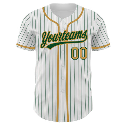 Custom White Green Pinstripe Old Gold Authentic Baseball Jersey