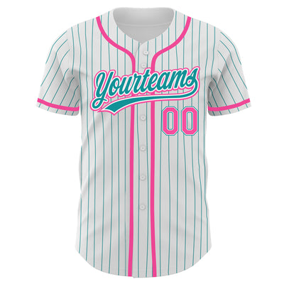 Custom White Teal Pinstripe Teal-Navy Authentic Baseball Jersey