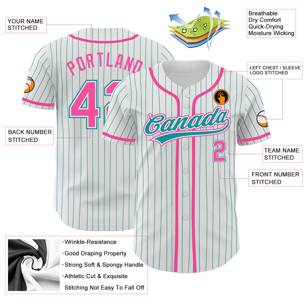 Custom White Teal Pinstripe Pink Authentic Baseball Jersey Men's Size:3XL
