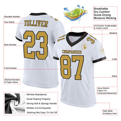 Custom White Old Gold-Black Mesh Authentic Football Jersey