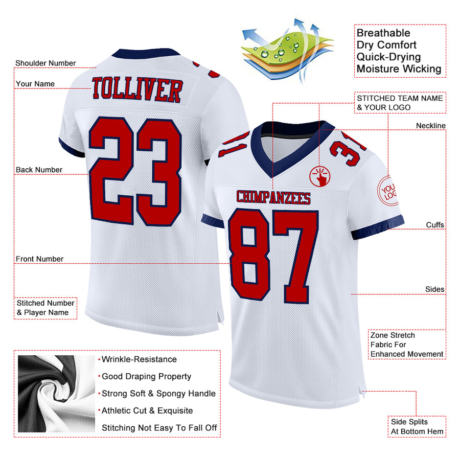 Custom White Red-Navy Mesh Authentic Football Jersey