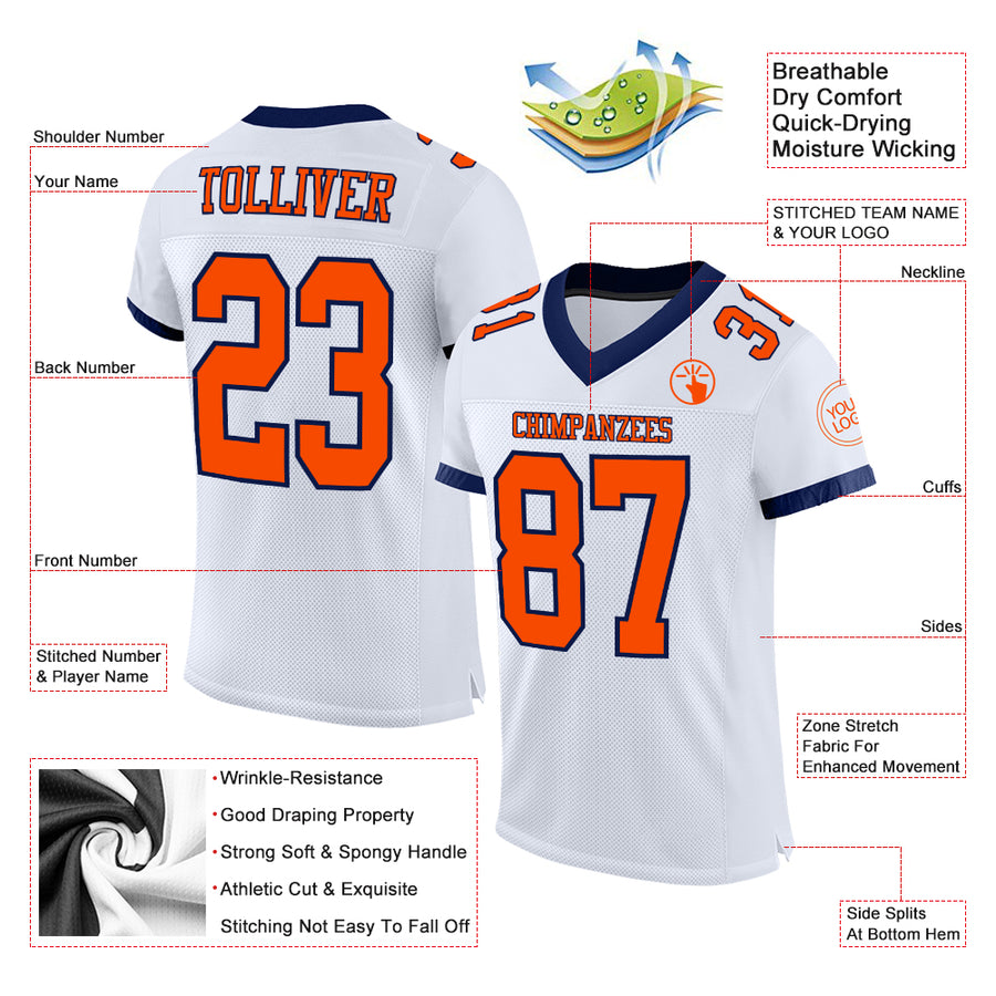 Custom White Orange-Navy Mesh Authentic Football Jersey