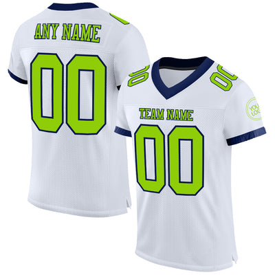 Custom White Neon Green-Navy Mesh Authentic Football Jersey