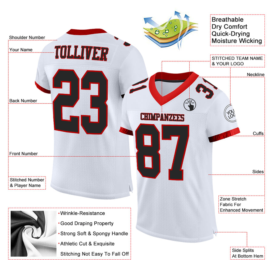 Custom White Black-Red Mesh Authentic Football Jersey