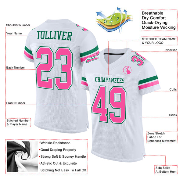 Custom White Football Jersey Pink-Kelly Green Mesh Authentic - FansIdea