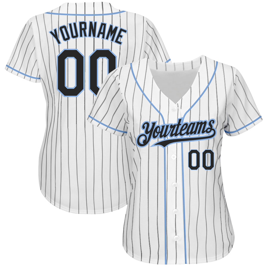 Custom White Black Pinstripe Light Blue Authentic Baseball Jersey