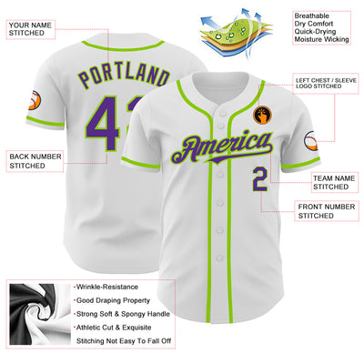 Custom White Purple-Neon Green Authentic Baseball Jersey