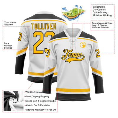 Custom White Gold-Black Hockey Lace Neck Jersey