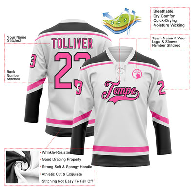 Custom White Pink-Black Hockey Lace Neck Jersey