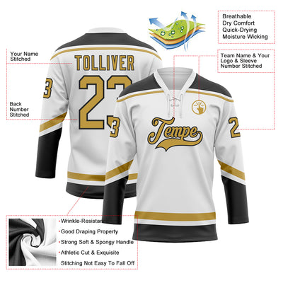 Custom White Old Gold-Black Hockey Lace Neck Jersey